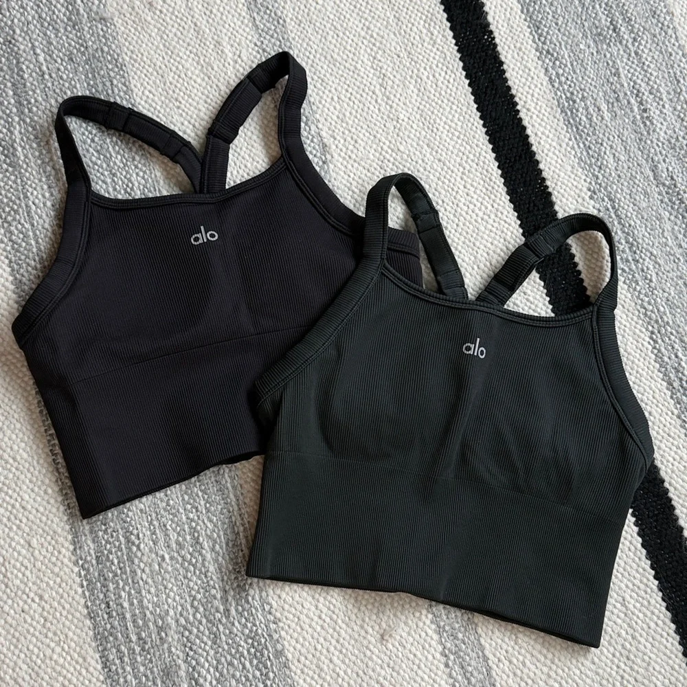 Alo Yoga DARK GREEN Seamless Favorite Bra Tank Ribbed - Picture 3 of 5